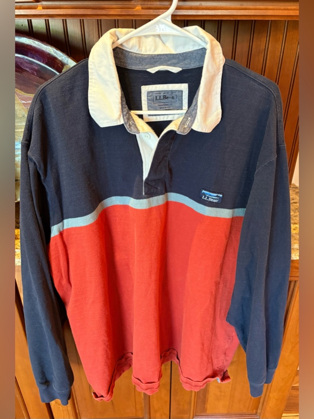 L.L. Bean Long Sleeve Rugby Polo in Navy, orange & grey. 2XL - Picture 4 of 6